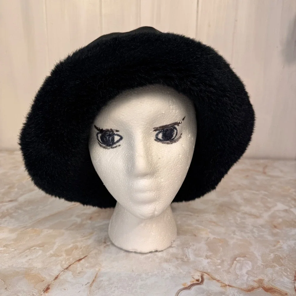 Faux Leather Bucket Hat Women Black Faux Leather and Fur Trim Winter Retro Chic